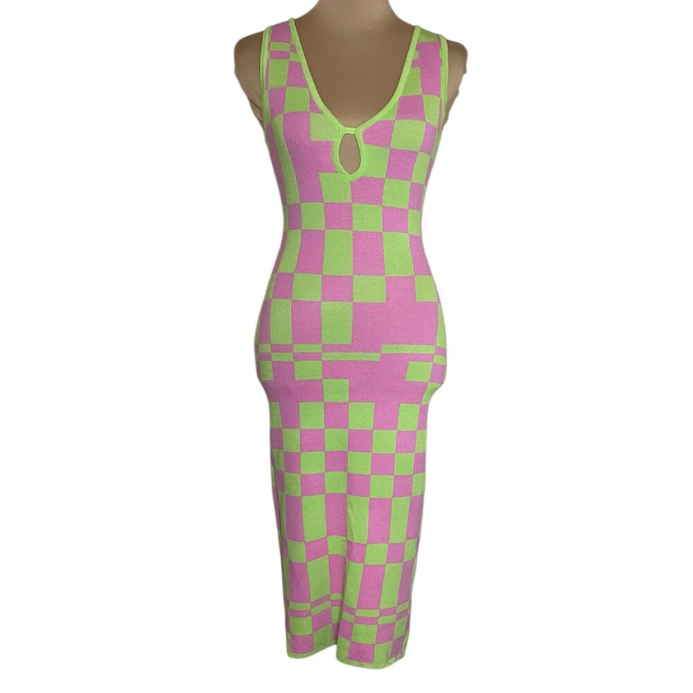 Hot & Delicious Harper Checked Keyhole Knitted Midi Bodycon Dress Sz S NWT